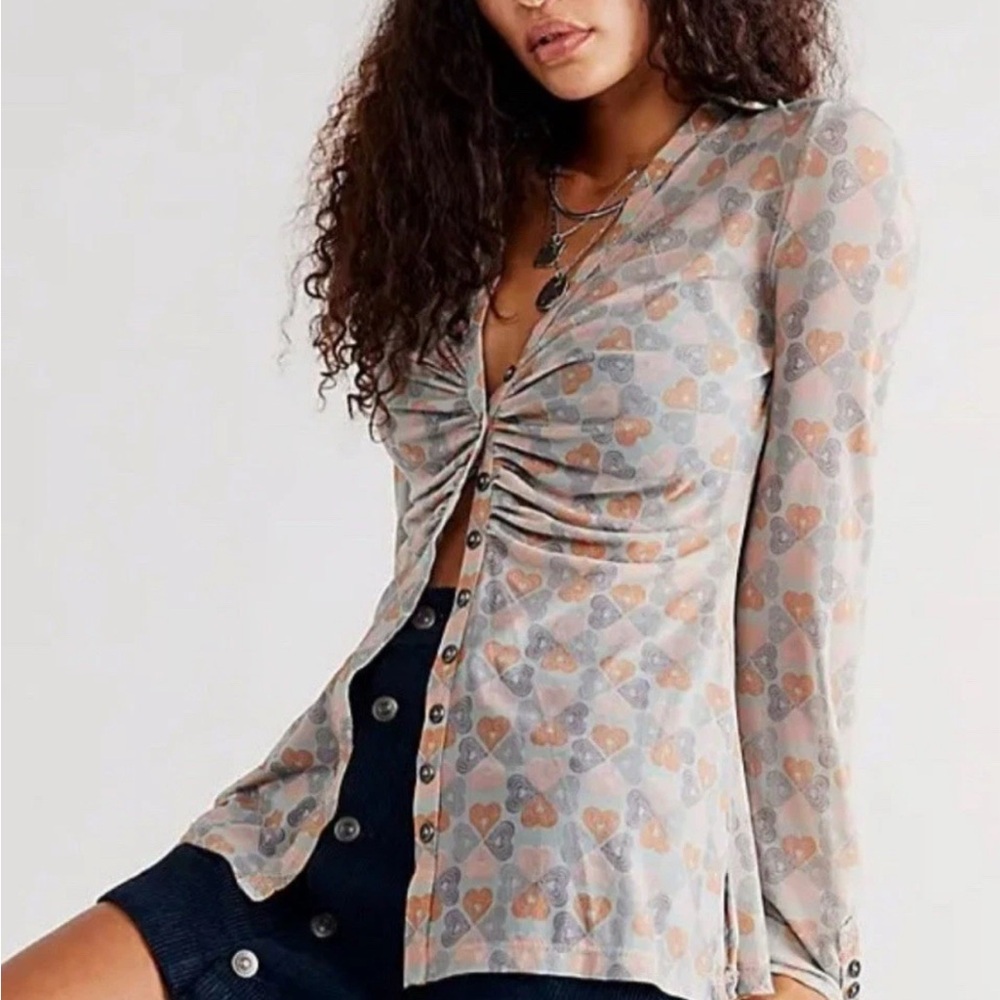Free People Size XS Mesh Sheer Top Button Front Heart Print Stretch NWOT